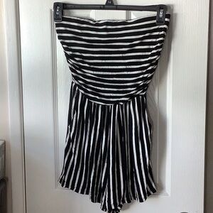 Black and White Striped Strapless Romper